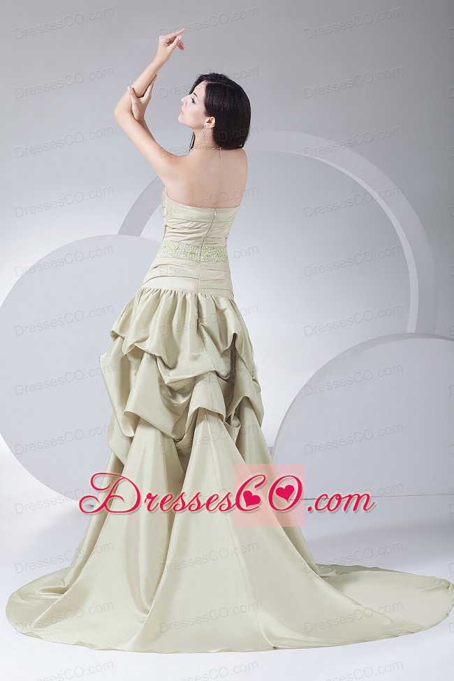 Beading and Pick-ups Decorate Bodice High-low Brush Train Neckline Prom Dress