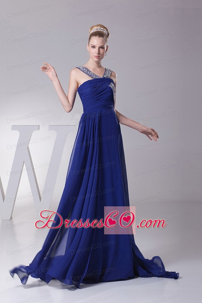 Beaded Decorate V-neck and Ruched For Blue Prom Dress With Brush Trian