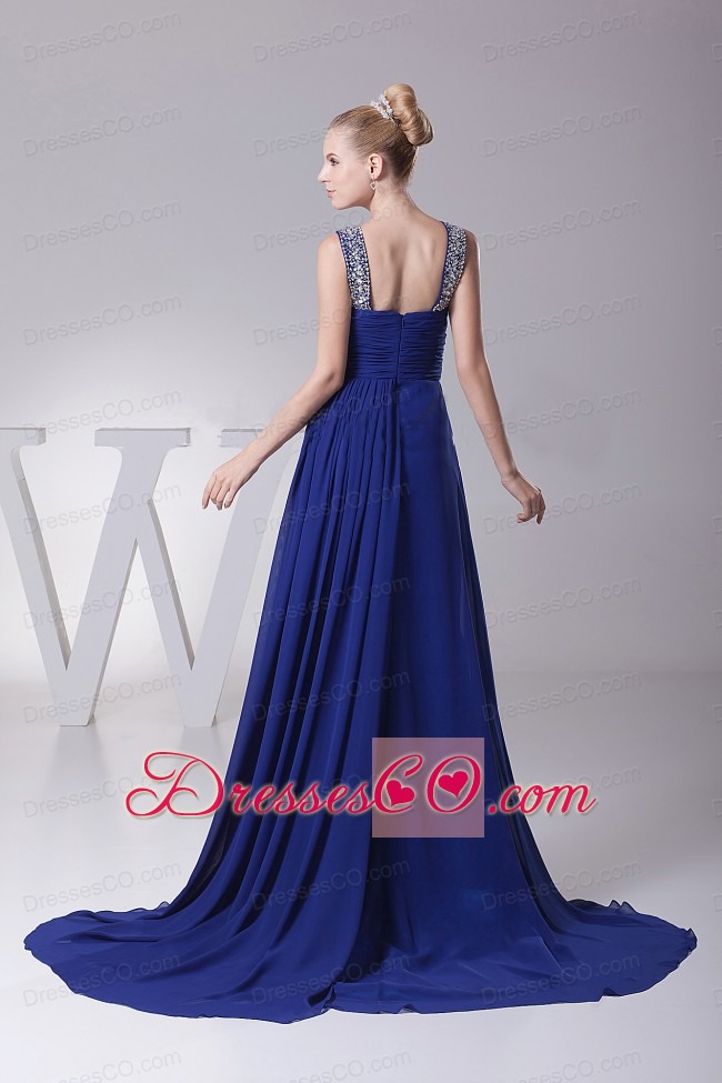 Beaded Decorate V-neck and Ruched For Blue Prom Dress With Brush Trian