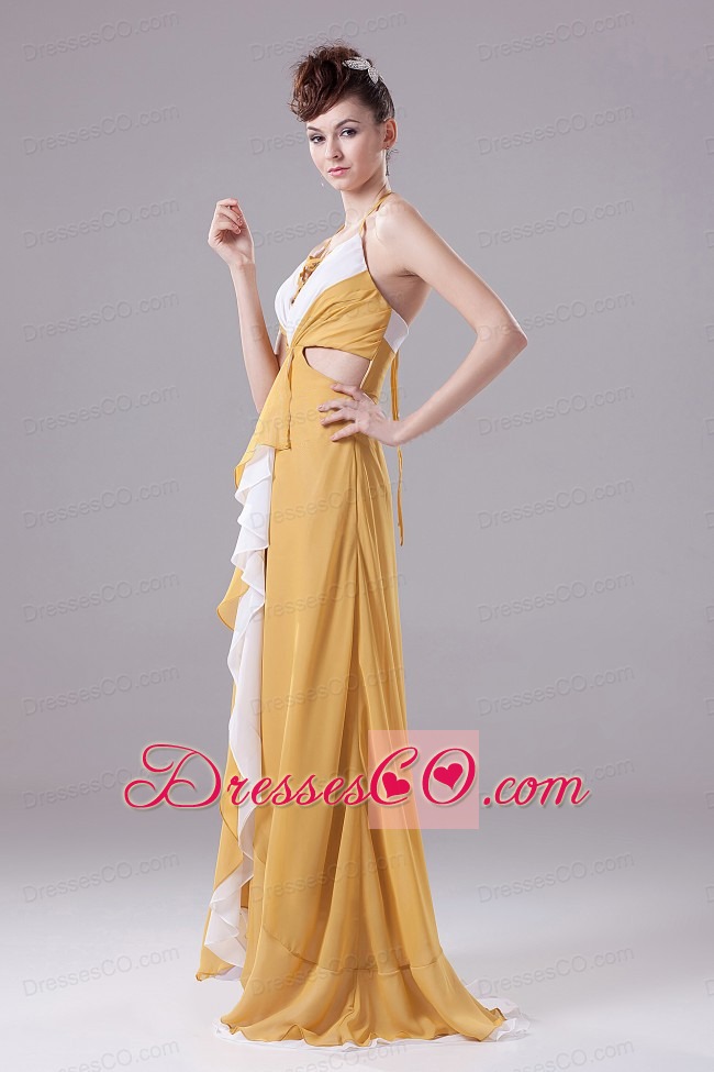 Gold Halter Ruched  Brush Train For Custom Made Prom Dress