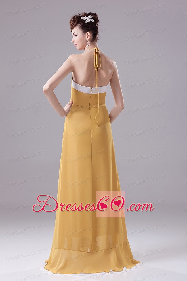 Gold Halter Ruched  Brush Train For Custom Made Prom Dress