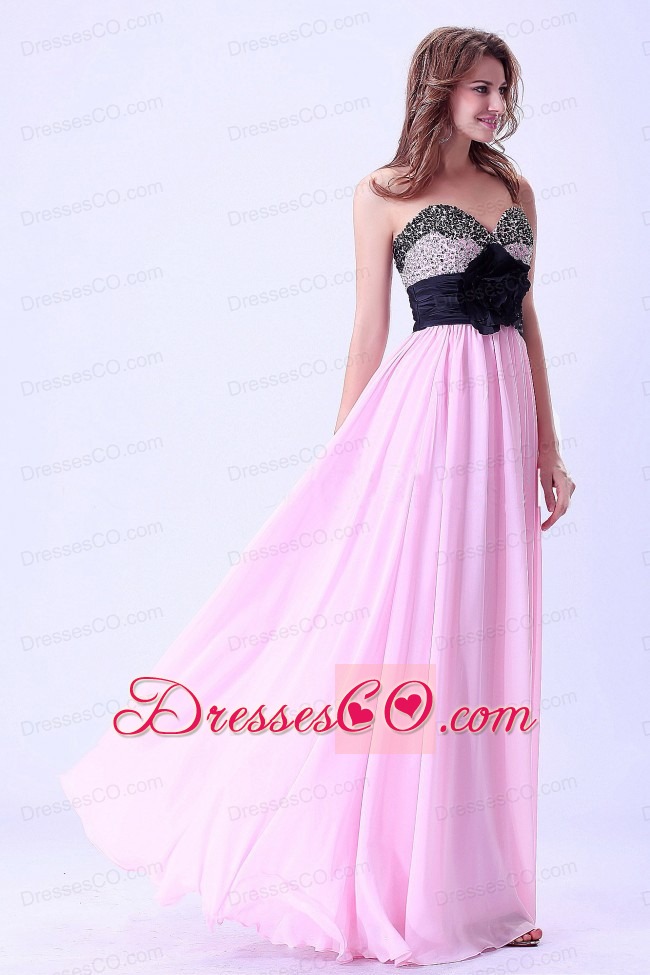 Pink and Black Beaded Prom / Evening Dress With Hand Made Flower