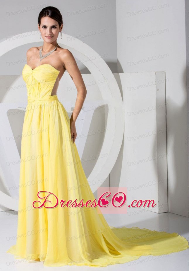 Yellow Chiffon Neckline Brush Train Prom Dress 2013