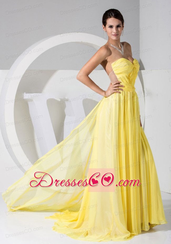 Yellow Chiffon Neckline Brush Train Prom Dress 2013