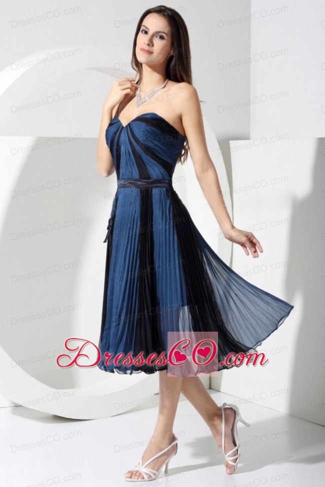Pleat Blue And Black Neckline Tea-length Organza Prom Dress