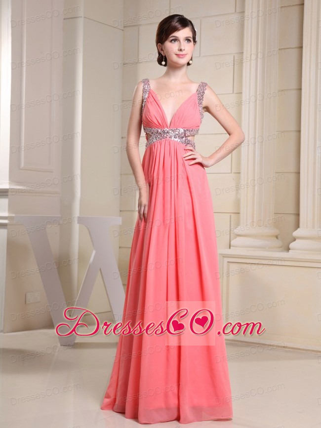 V-neck Beading For Watermelon Prom Dress With Long
