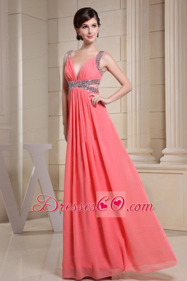 V-neck Beading For Watermelon Prom Dress With Long