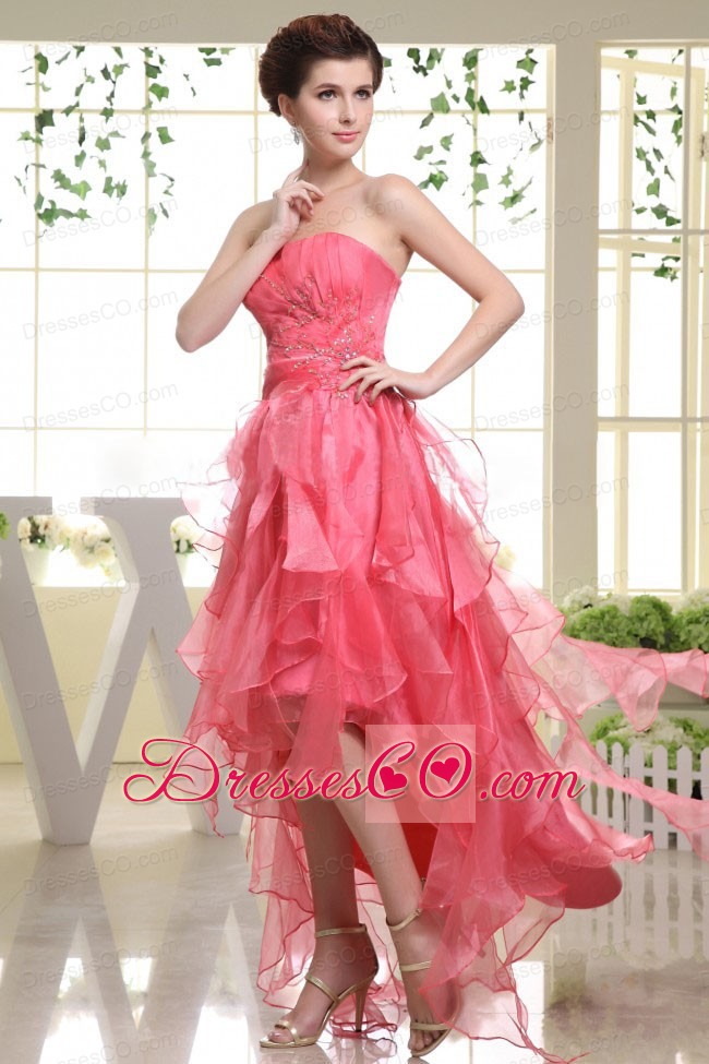 High-low Coral Red Prom Dress With Beading Rufflers Layers