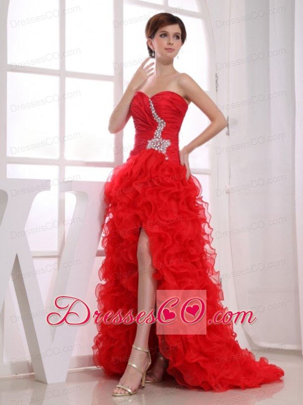 Beading Mermaid Prom Dress Organza High-low Red