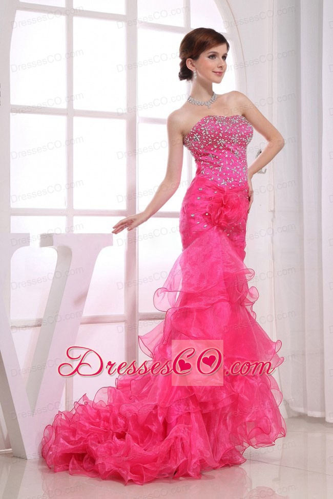 Mermaid Strapless Brush/Sweep Beading Organza Prom Dress Hot Pink