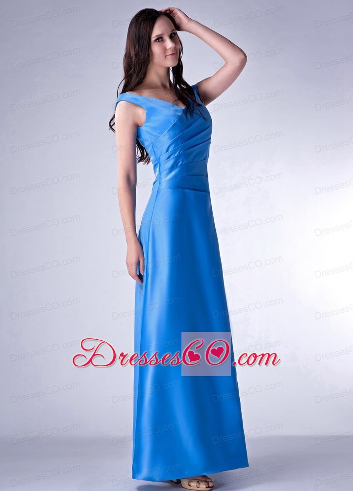 Brand New Sky Blue Cloumn V-neck Taffeta Ruched Ankle-length Prom Dress