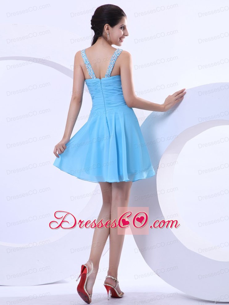 Aqua Blue Prom / Cocktail Dress With Beaded V-neck Mini-length Chiffon