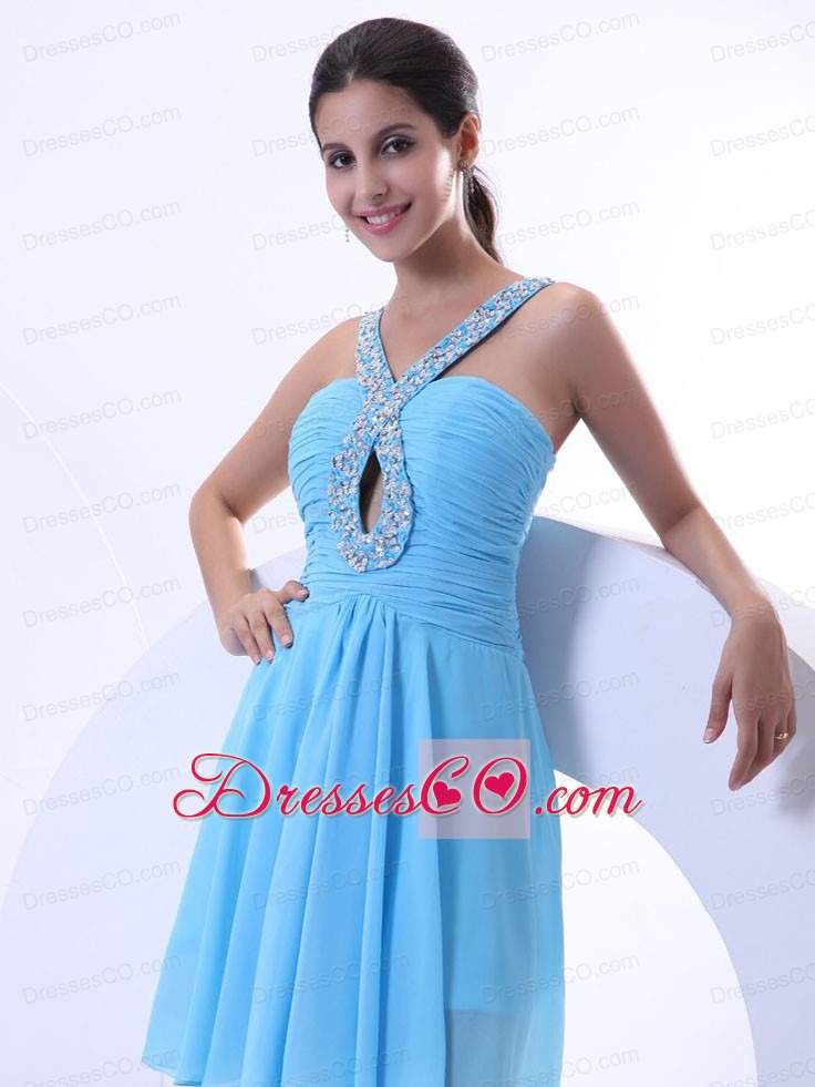 Aqua Blue Prom / Cocktail Dress With Beaded V-neck Mini-length Chiffon