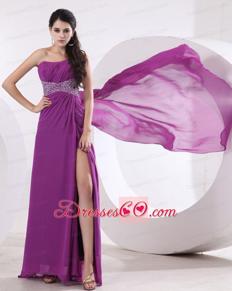Fuchsia Prom / Evening Dress With One Shoulder Beaded and High Slit Watteau Train