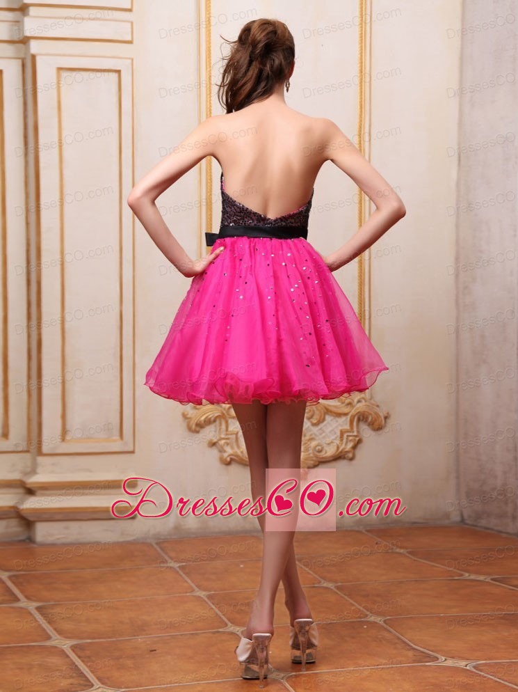 Hot Pink Prom / Cocktail Dress With Sequin And Black Bowknot Mini-length For Party