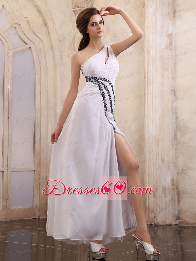 One Shoulder Prom Dress With Beaded And High Slit Ankle-length Chiffon