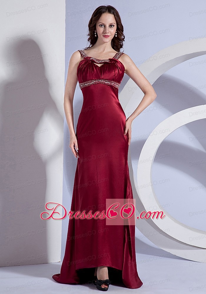 Beading Decorate Bodice Straps Burgundy Taffeta Brush Train Prom Dress