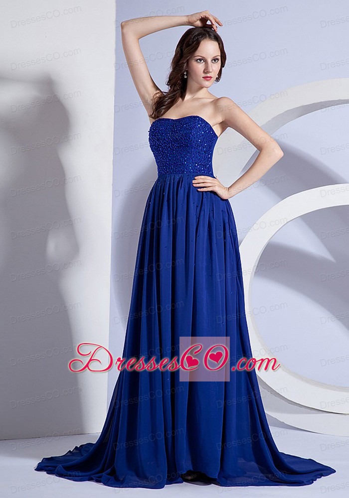 Beading Decorate Up Bodice Blue Chiffon Brush Train Prom Dress