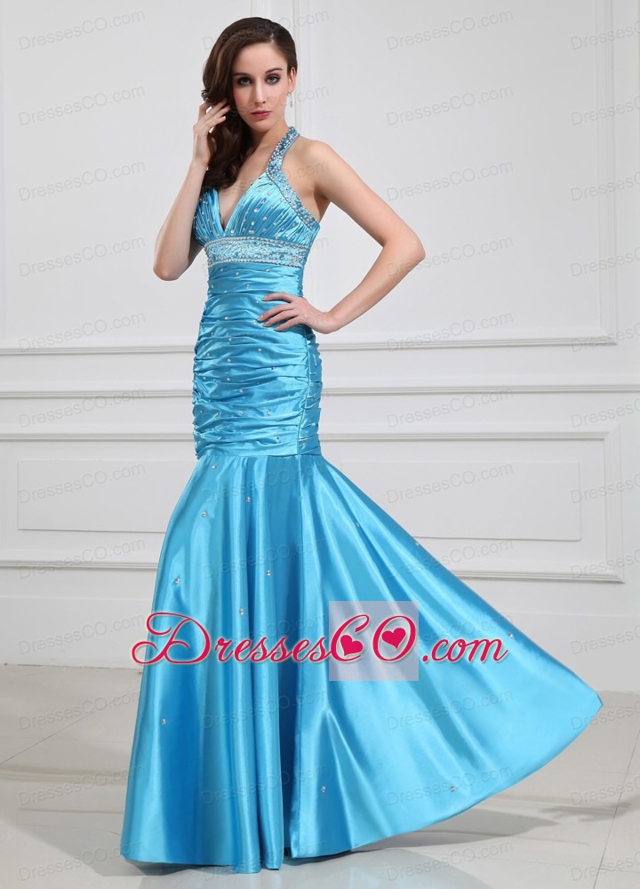 Mermaid Beading Halter Elastic Woven Satin Prom Dress Long Blue
