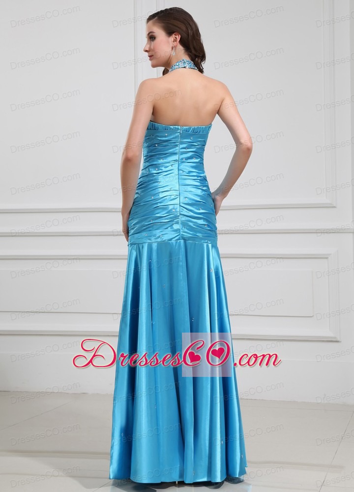 Mermaid Beading Halter Elastic Woven Satin Prom Dress Long Blue
