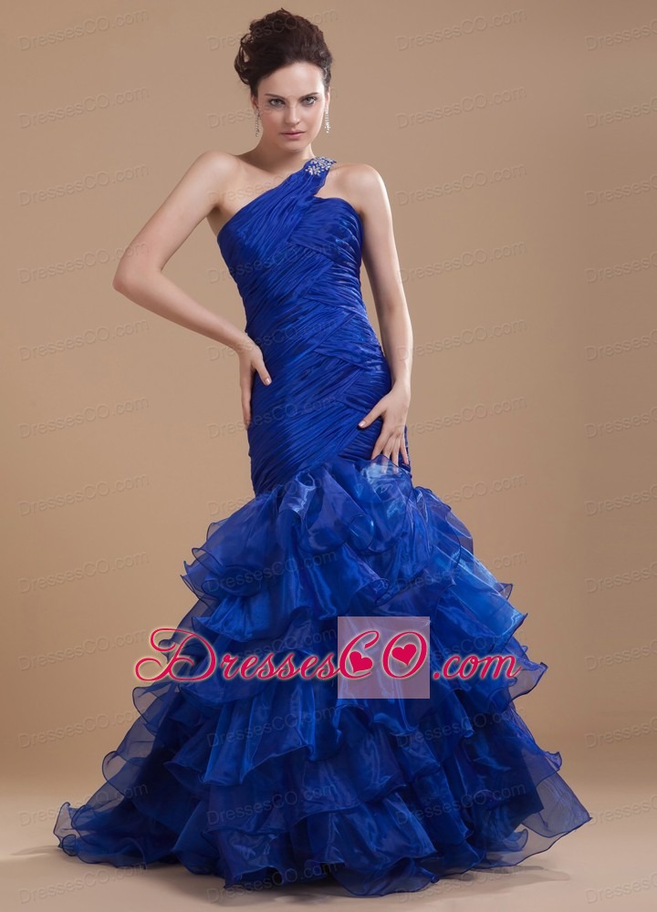 Mermaid Organza One Shoulder Brush/Sweep Ruffles Prom Dress Royal Blue