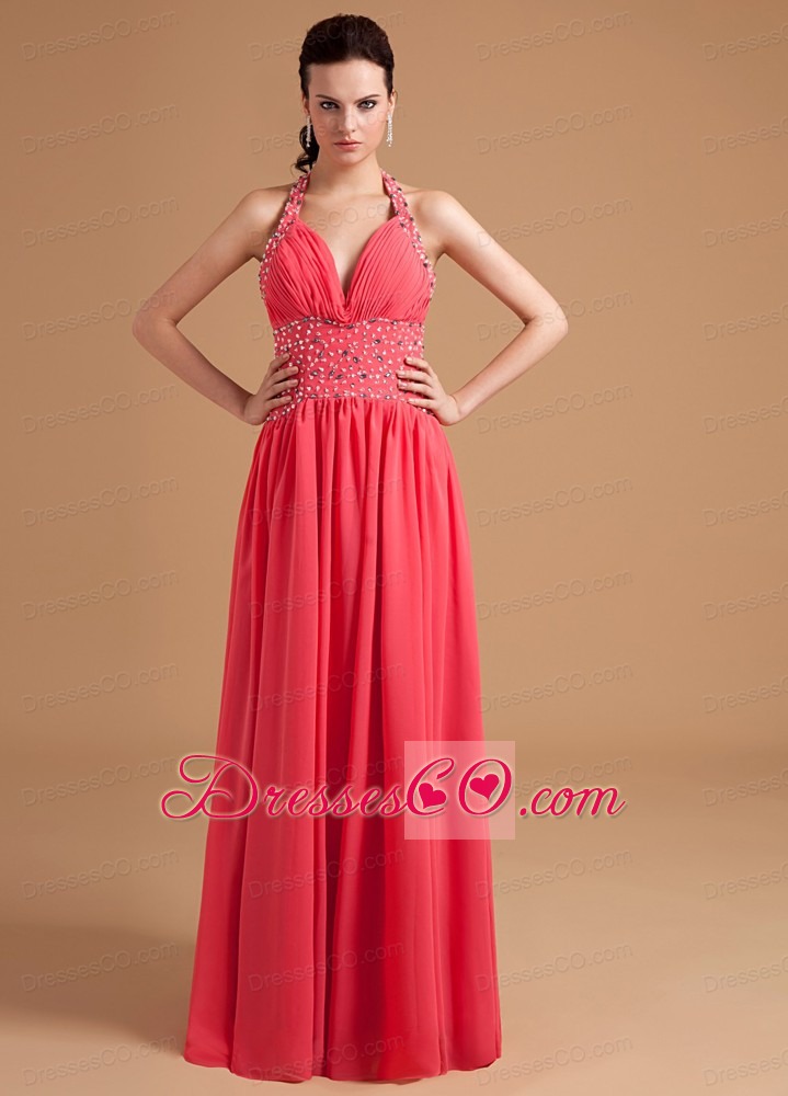 Watermelon Prom / Evening Dress With Beaded Halter Chiffon