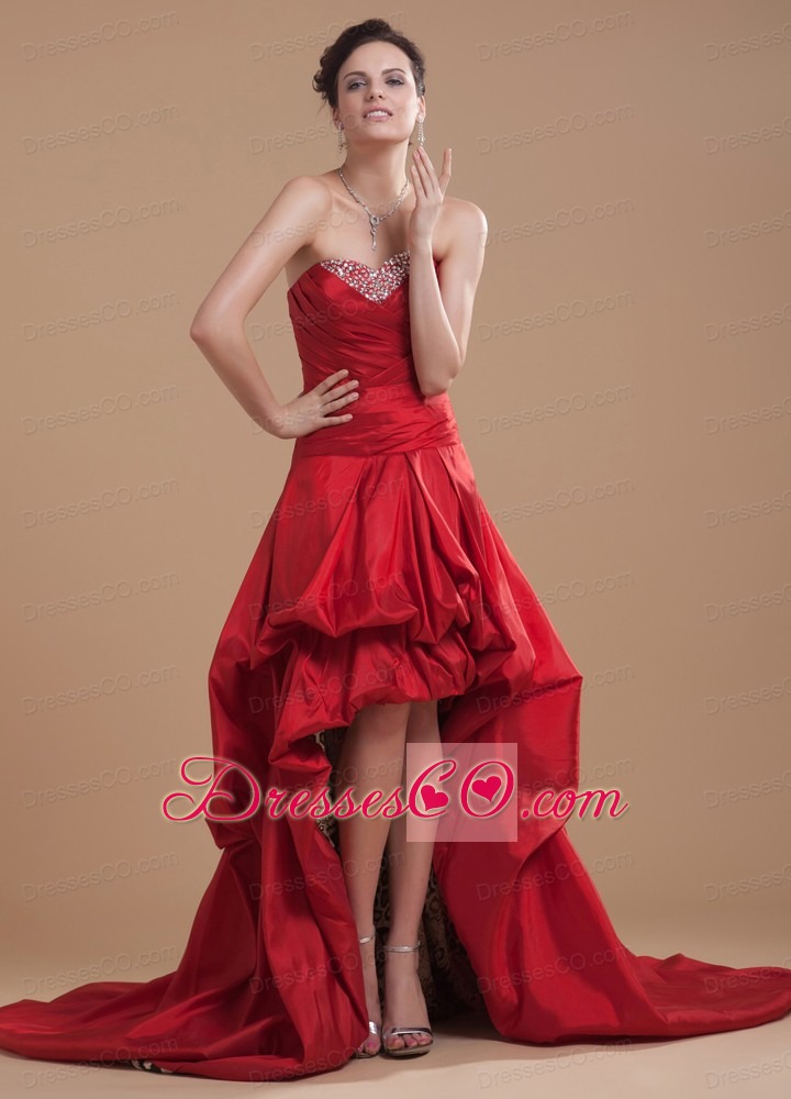 Wine Red Prom Dress High-low Beaded and Pick-ups Court Train
