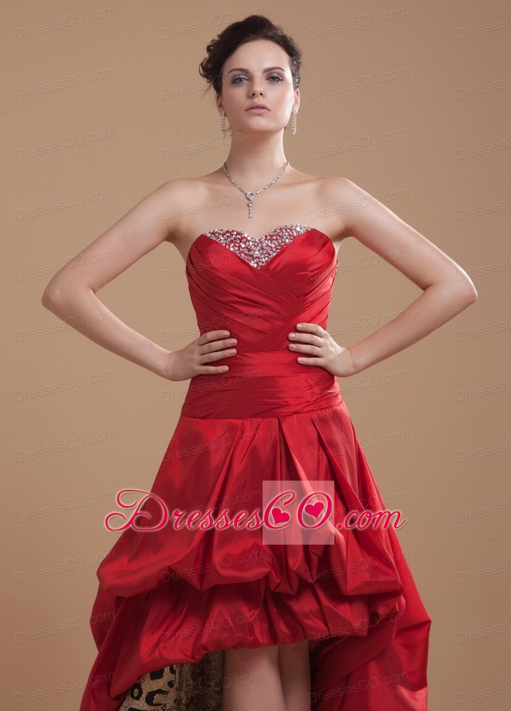 Wine Red Prom Dress High-low Beaded and Pick-ups Court Train