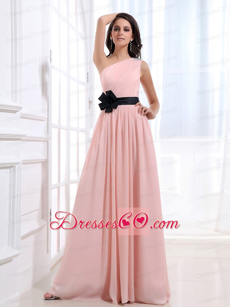 One Shoulder and Sash For Custom Made Prom Dress With Ruched and Baby Pink