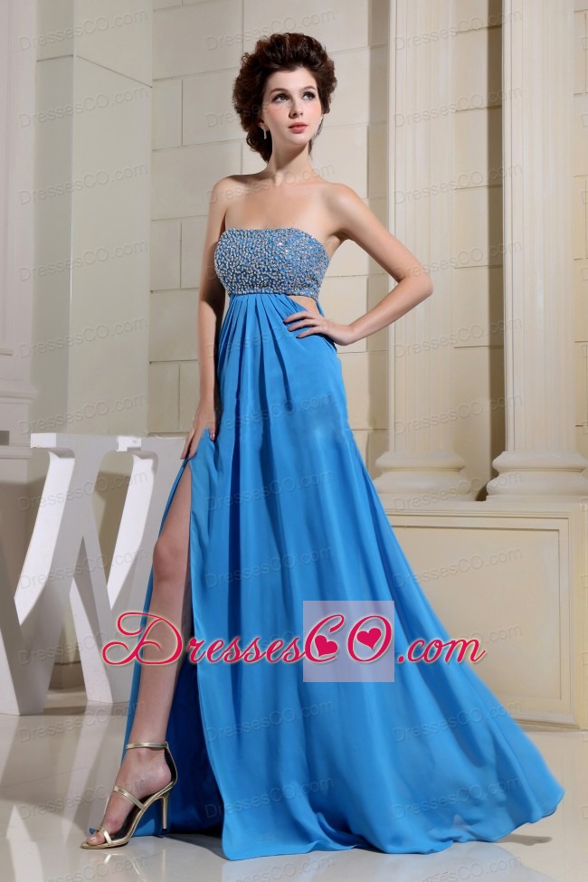 High Slit and Beaded Decorate Bust For Sexy Blue Prom Dress