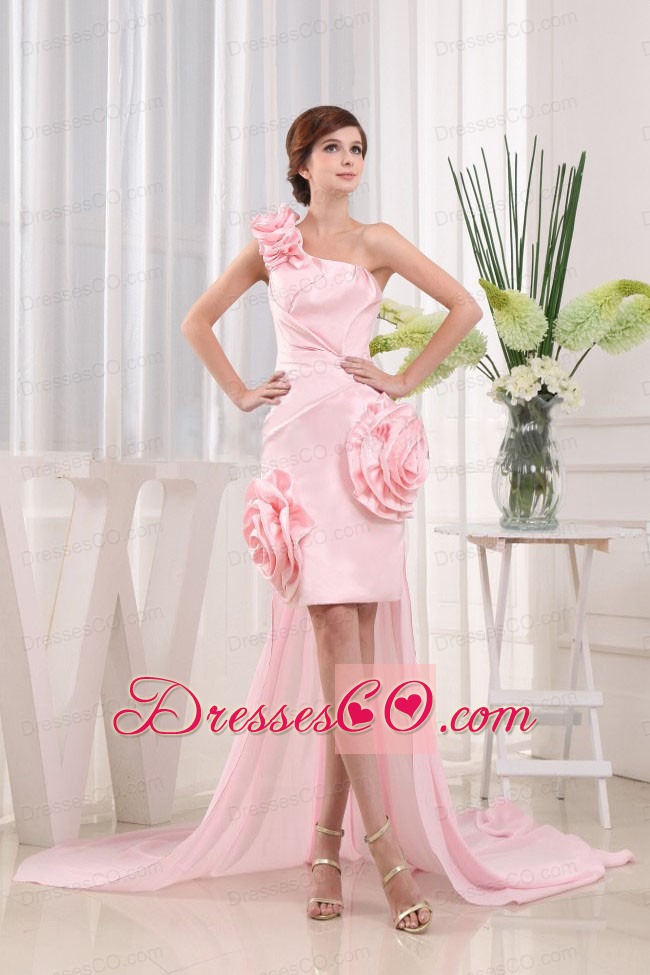 Lovely High-low One Shoulder Hand Made Flowers Baby Pink Strapless Prom Dress  With Ruching