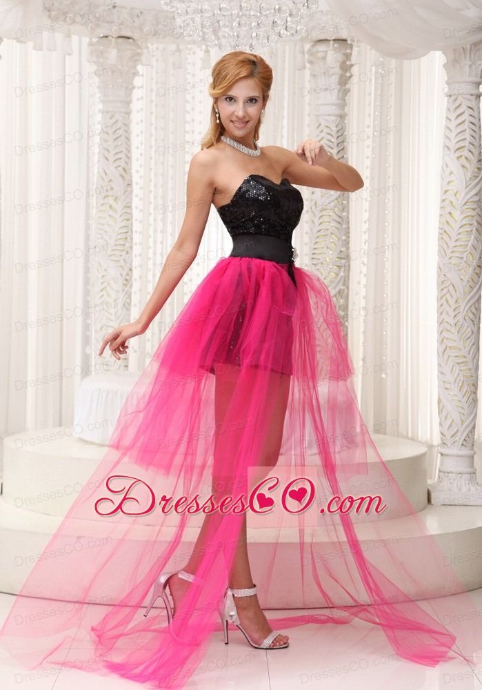 Hot Pink High-low Celebrity Dress For Black Paillette Over Skirt With Beading