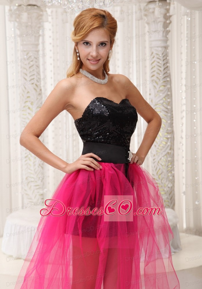 Hot Pink High-low Celebrity Dress For Black Paillette Over Skirt With Beading