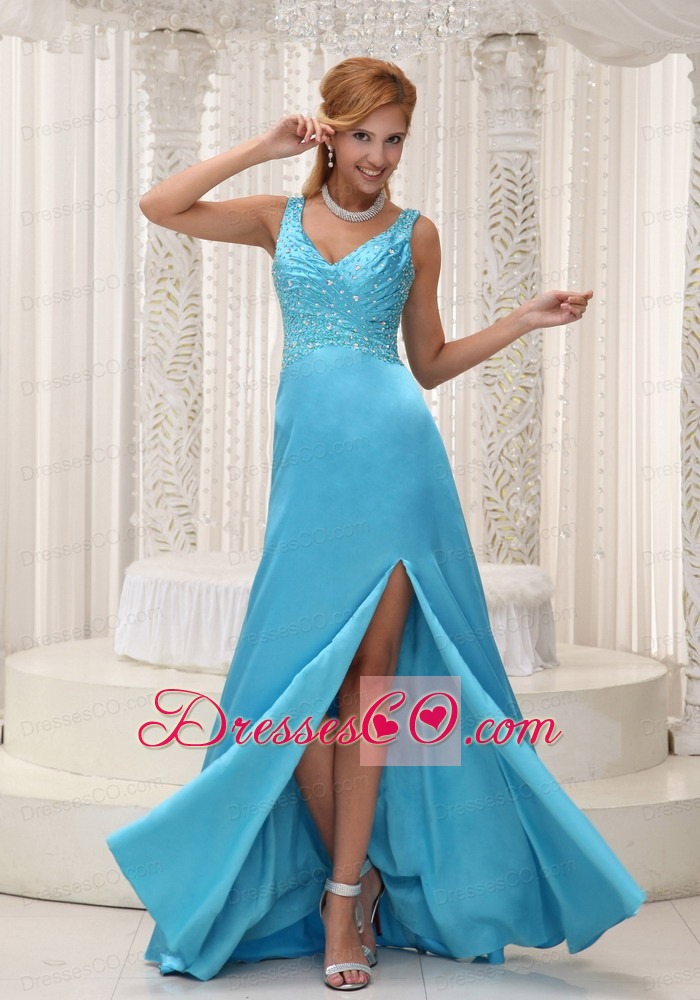 High Slit Aqua Blue  Straps and Beaded Decorate Up Bodice Gown Prom / Evening Dress For 2013