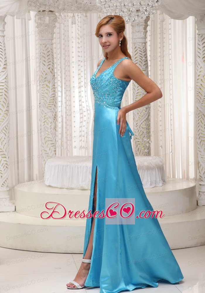 High Slit Aqua Blue  Straps and Beaded Decorate Up Bodice Gown Prom / Evening Dress For 2013