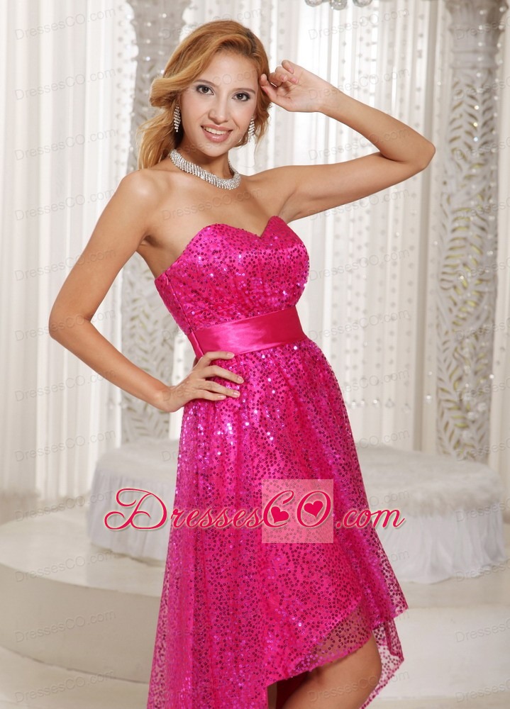 Hot Pink Paillette Over Skirt High-low Evening Dress