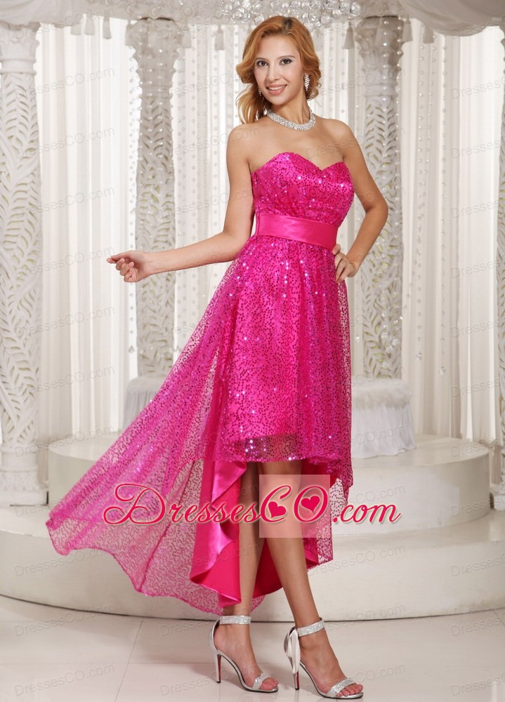 Hot Pink Paillette Over Skirt High-low Evening Dress