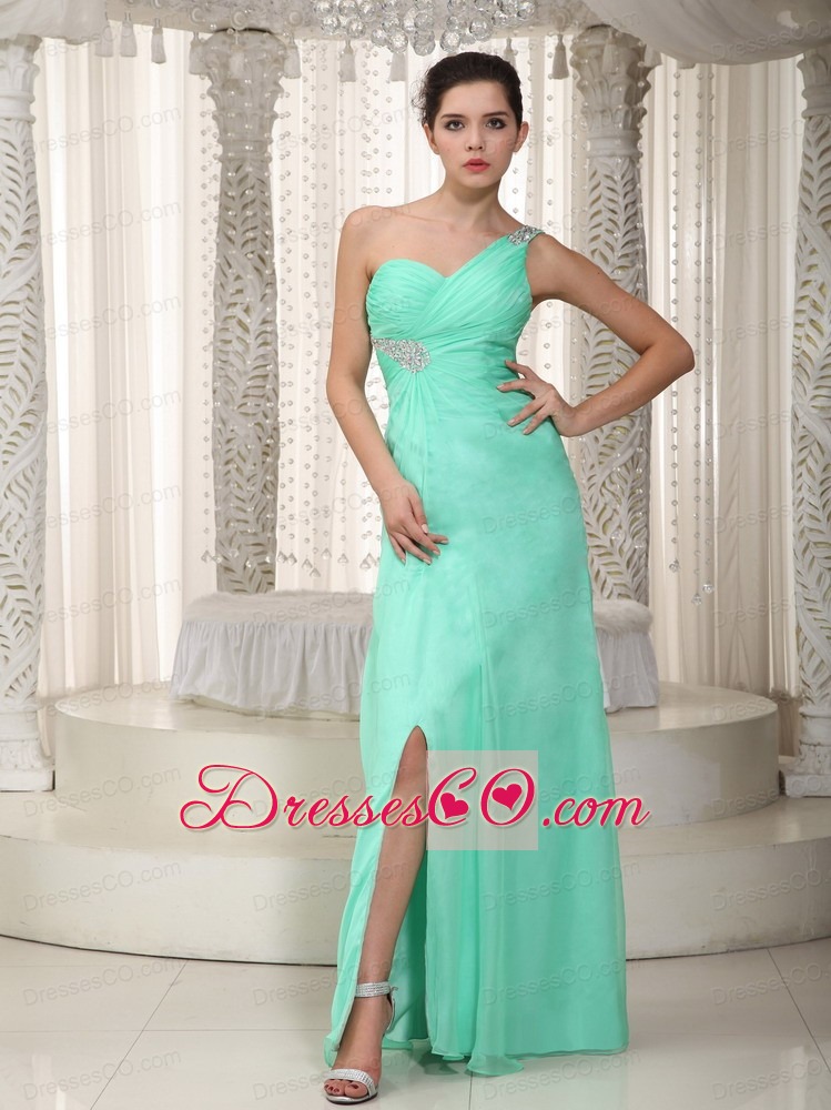 Apple Green Empire One Shoulder Long Chiffon Beading Prom Dress