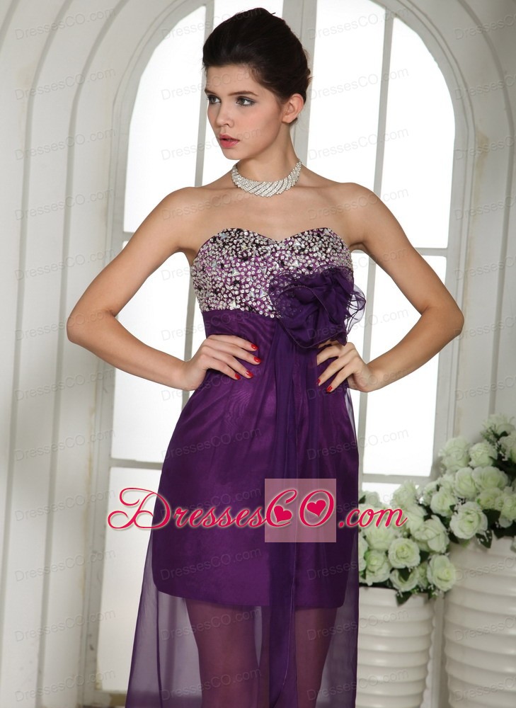 Eggplant Purple High-Low Beaded Decorate Bust Prom Dress With Appliques