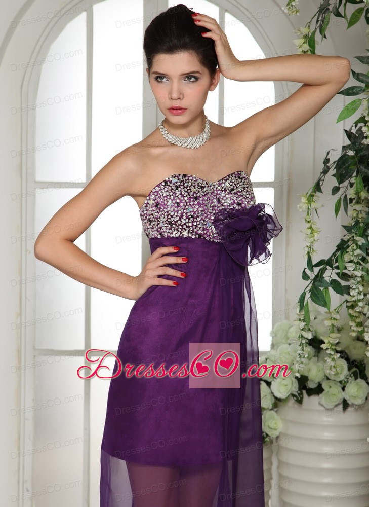 Eggplant Purple High-Low Beaded Decorate Bust Prom Dress With Appliques