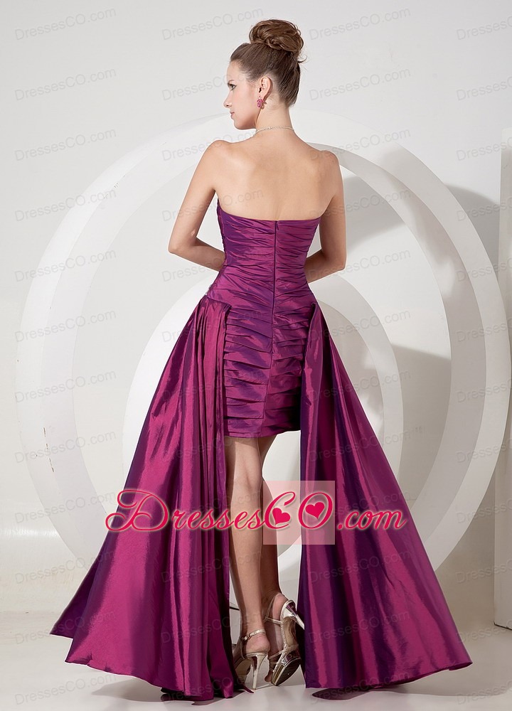 Purple Column Strapless Taffeta Prom Dress with Appliques