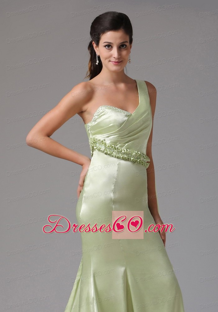 Stylish Yellow Green One Shoulder Prom Celebirty Dress With Appliques Watteau Train
