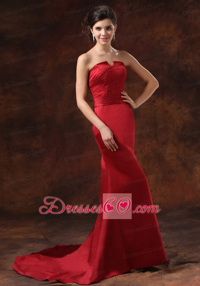 Custom Made Mermaid Red Satin Prom Dress With Brush Train Strapless For Prom