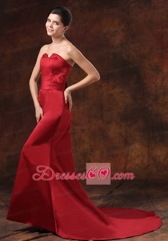 Custom Made Mermaid Red Satin Prom Dress With Brush Train Strapless For Prom