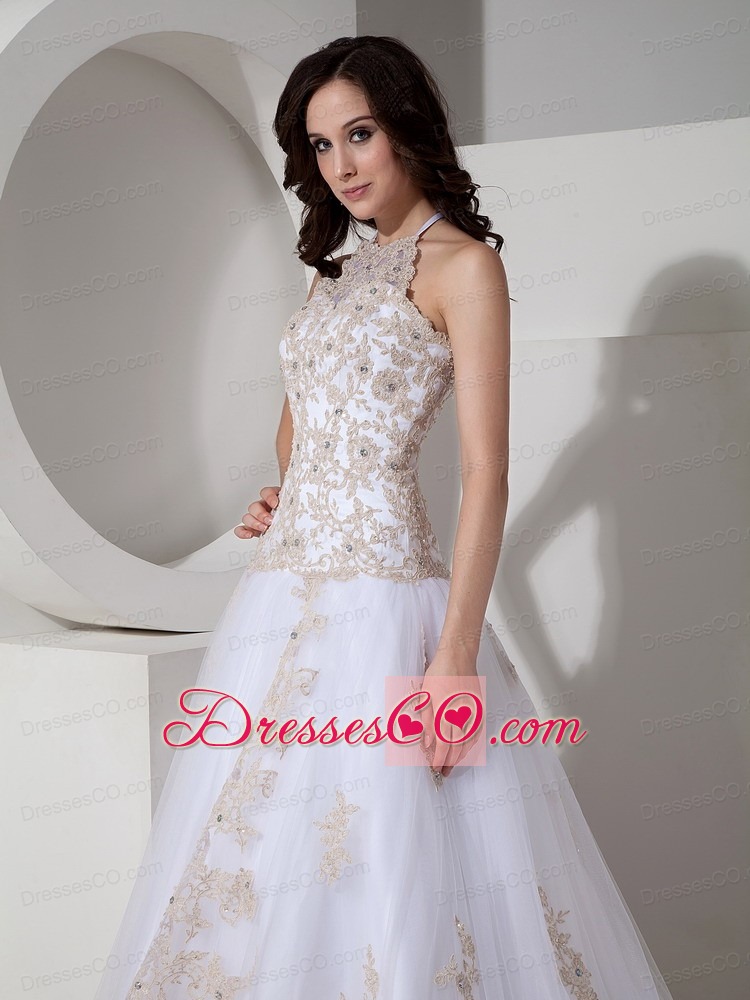 Exclusive Ball Gown Halter Court Train Tulle Lace Appliques Prom Dress