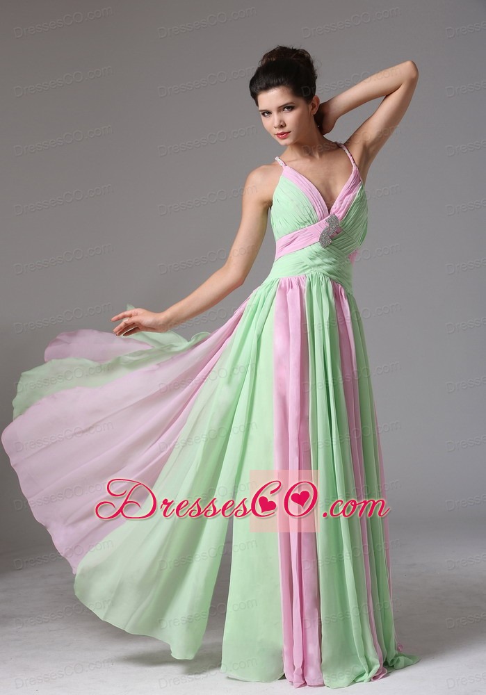 New Multi-color Spaghetti Straps Ruched Bodice Prom Dress With Beading