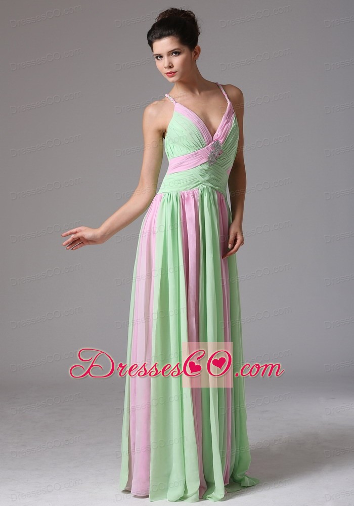 New Multi-color Spaghetti Straps Ruched Bodice Prom Dress With Beading