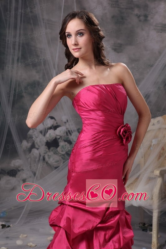 Customize Coral Red A-line Strapless Prom Dress Taffeta Beading Long