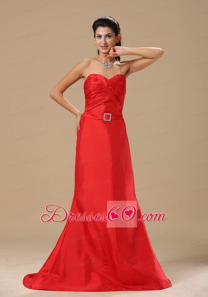 Ruched Decorate Bust Sash With Beading A-line Satin Red Prom / Evening Dress Brush Train