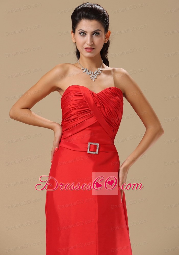 Ruched Decorate Bust Sash With Beading A-line Satin Red Prom / Evening Dress Brush Train
